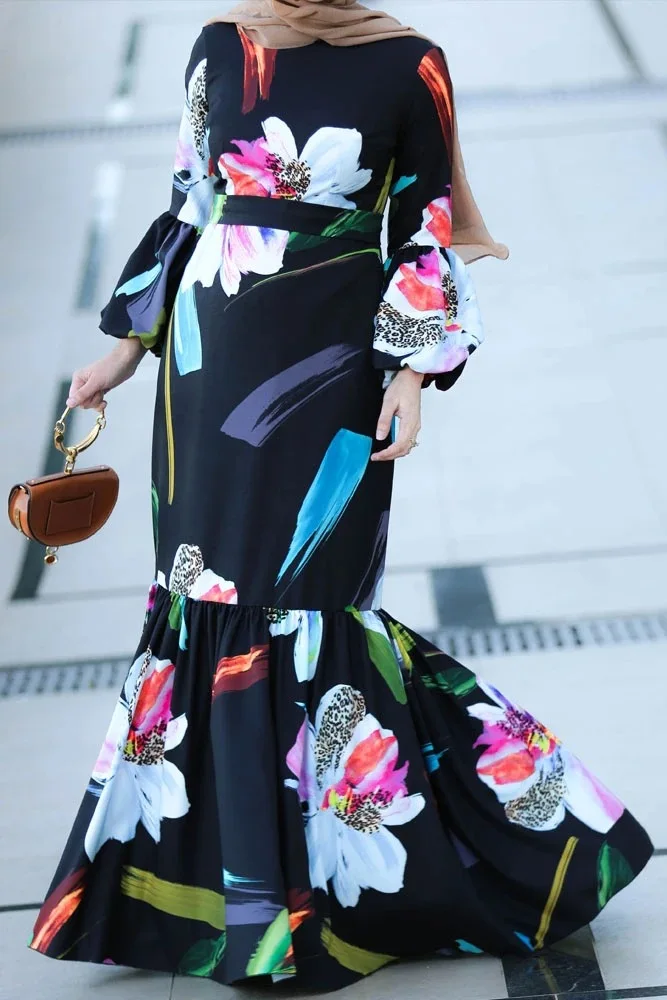 Цветок для исламских женщин одежда мода Шелковый Атлас печатных с длинным рукавом Женские длинное мусульманское платье