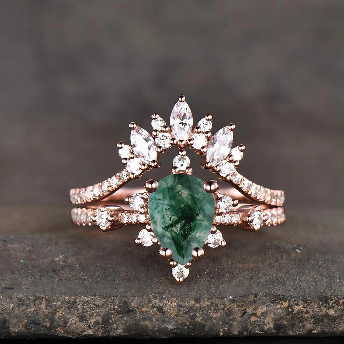 Pear Cut Moss Agate Vintage Engagement Ring Set Sterling Silver Ring With Band