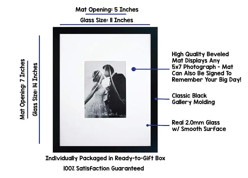 Black MDF photo frame 11*14 with 5*7 mat for wedding and holiday signatures