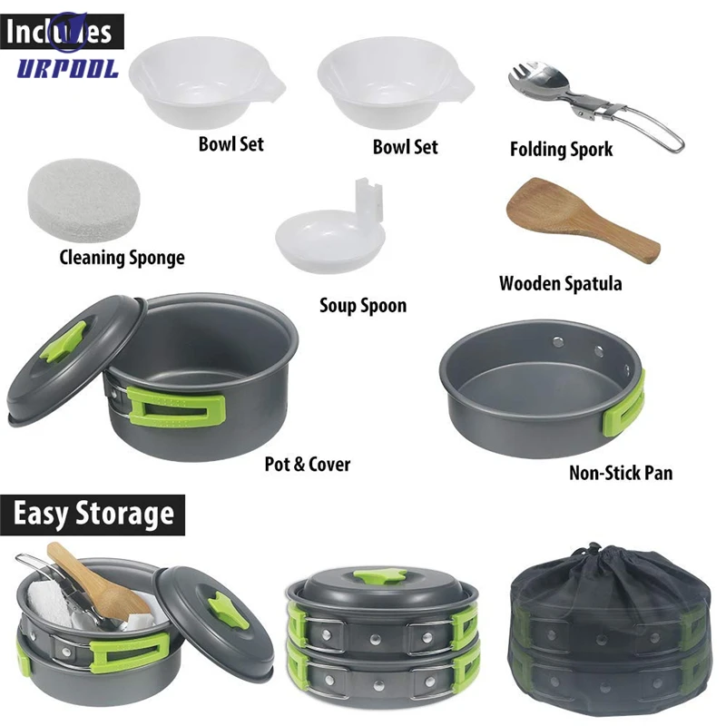 Portable Anodized Aluminum Camping Cookware Set with Green Handles Green Handles Frying Pans Outdoor Camping Amazon Exclusive