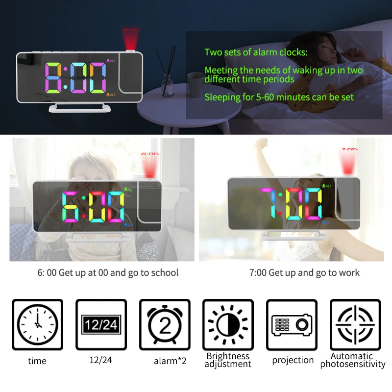 Fullwill 2023 Newest Ceiling Projection Clock RGB Alarm Desk LED Digital Wall Clock Smart Table Clocks With Projection