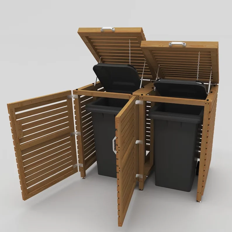 Garden Wood Dustbin Hideaway Garbage Trash Can Storage Shed Rubbish Cover Double Wooden Lockable Wheelie Bin Storage with Lid