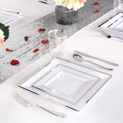 100pcs Gold Rim Premium Disposable Plastic  Square Plate