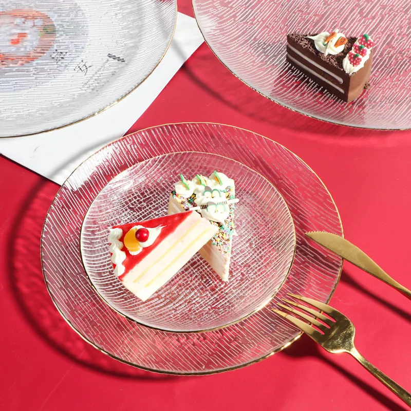 Phnom Penh Bamboo Hat Bowl Nordic Crystal Glass Salad Bowl Household Striped Fruit Dessert Bowl Plate Glass Tableware Wholesale