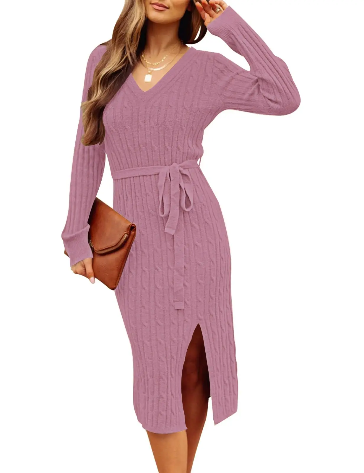 Long Sleeve V Neck Surplice Neck Twist Solid Midi Dresses Women Cable Knit