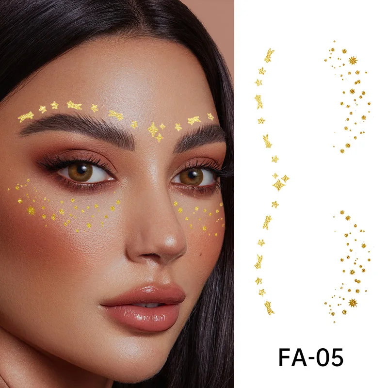 Hot Sale European American Cross-Border Party Makeup Face Stickers Temporary Tattoo Hot Gold Eyes Waterproof Sweat Resistant