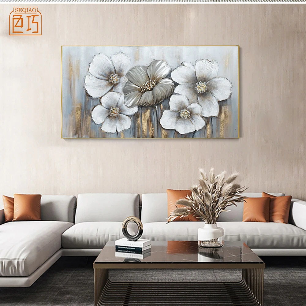 100% Hand Painted Metal Painting Large Modern Abstract Blue Flowers  Wall Frame Picture Artwork Office Decor