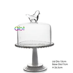 Fancy clear glass dome clear glass cake stand and bird glass dome