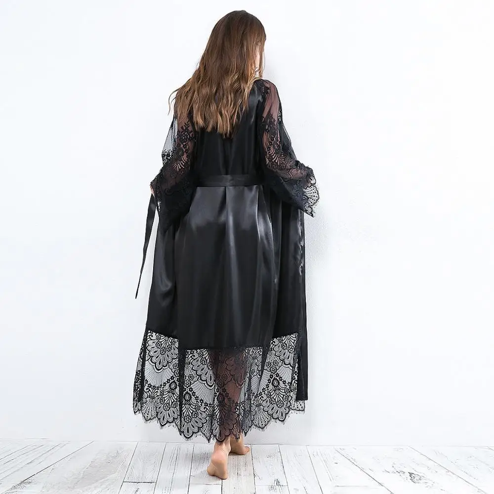 Satin Big Size Lace Bathrobe Pyjamas Women Sexy Sleepwear With Belt