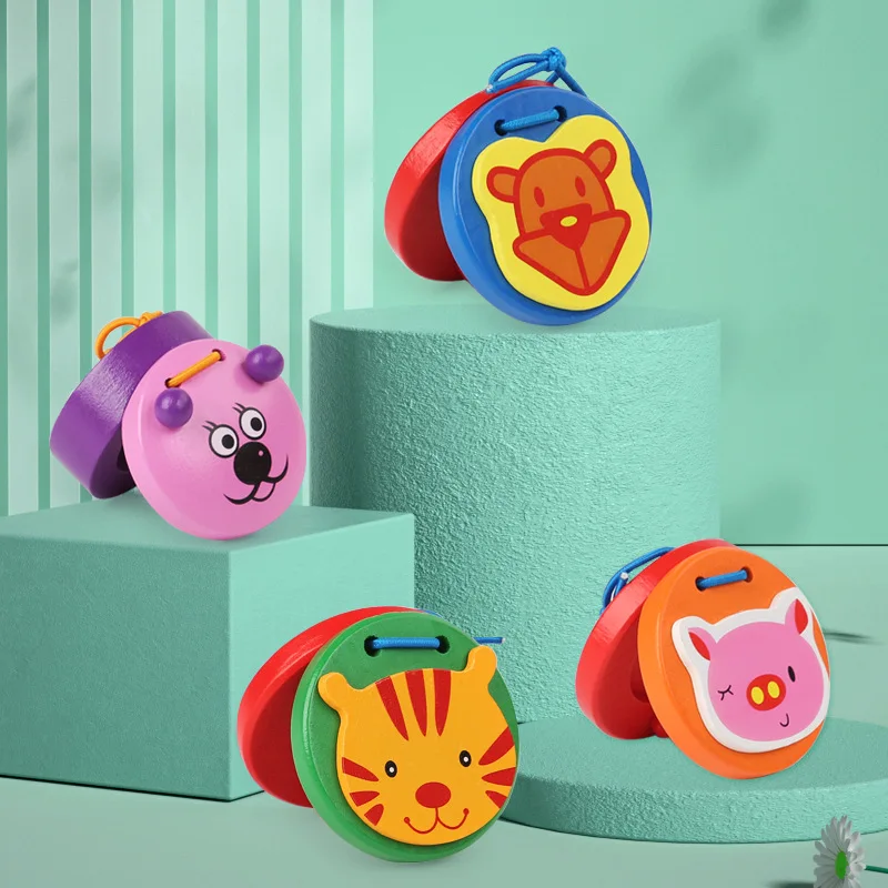 Mumoni Cartoon Animal Wooden Castanets Early Educational Musical Toy Wooden Bell Rattle Off Musical Instrument Hand Clapper Toy