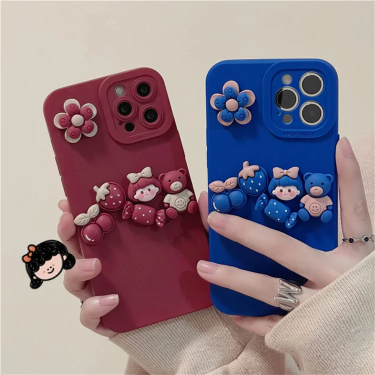 New Design Girl Liquid Silicone 3D Cute Cartoon Flower Bear Phone Case For iPhone Samsung Mobile