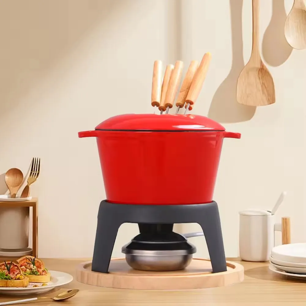 Forks and Chrome Gel Burner Cheese Melting Pot  Enameled Cast Iron Fondue Pot Cookware Chocolate and Cheese Fondue Set