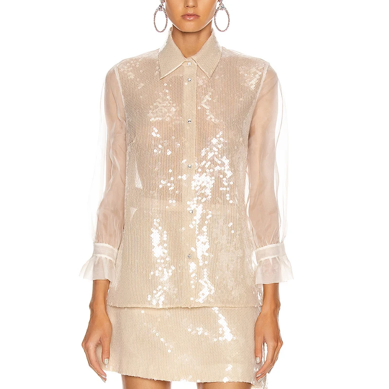 2020 Long sleeve lightweight transparent women sequin organza shirt