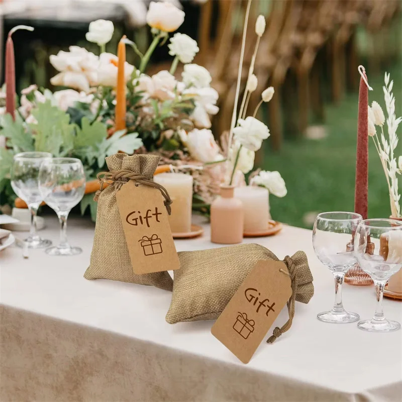 10*14cm DIY Wedding Favor Gift Bag Linen Silk and Sack Drawstring Burlap for Candy Chocolate Jewelry Packaging Display Use