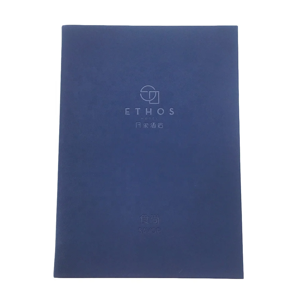 A4 restaurant wireless electronic menu light up menu for restaurant made in navy blue PU with emboss logos