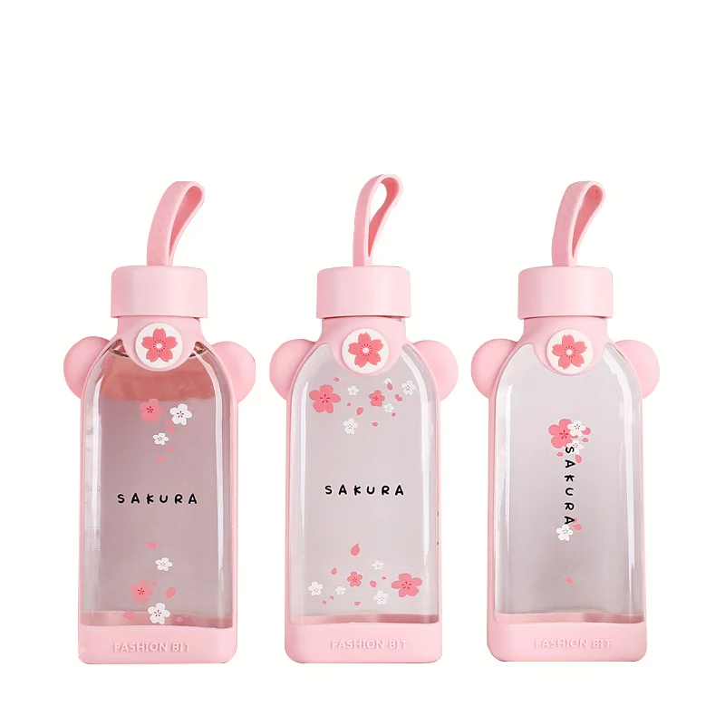 350ml Cartoon Pink Flamingo Cactus Cherry Pattern Glass Water Bottle Portable Custom Gift Cup