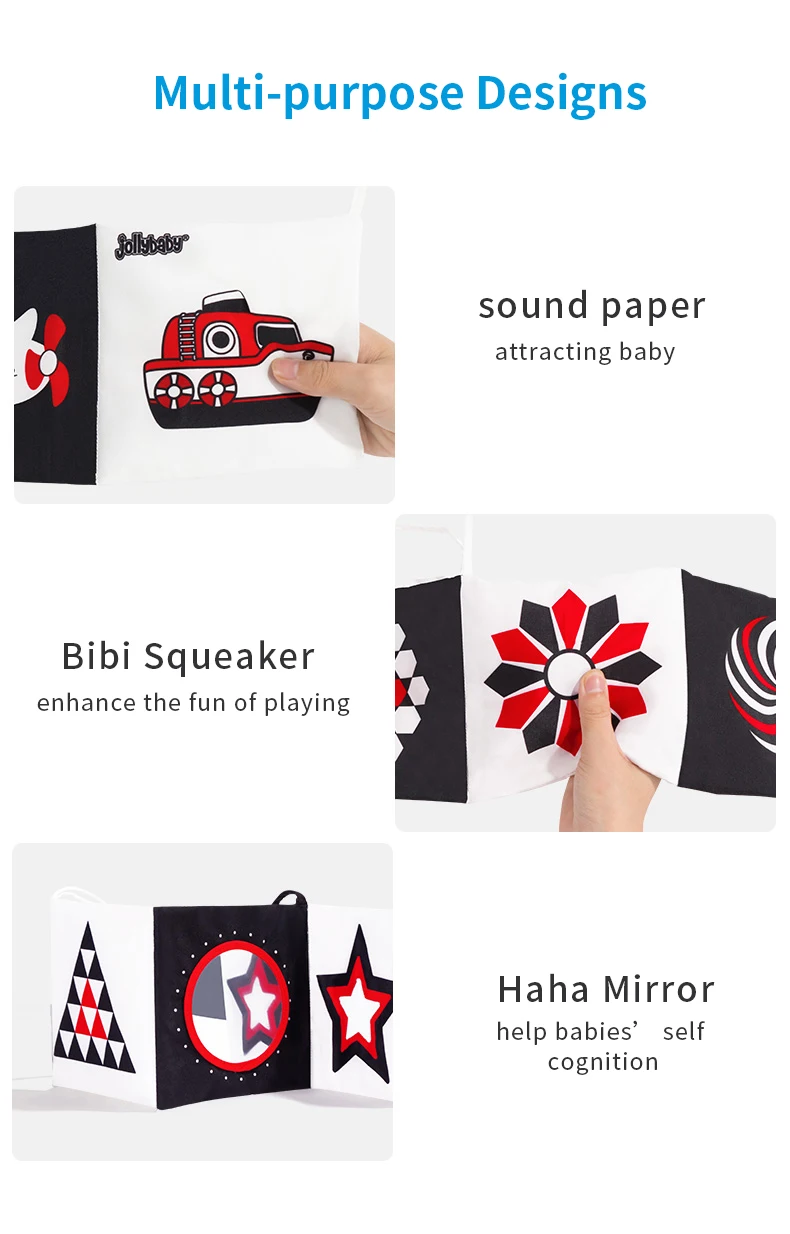 Custom Baby Sensory Crinkle Black, White high contrast Soft Book Cloth Books Early Education Toys for Babies Infant Cot Pram use