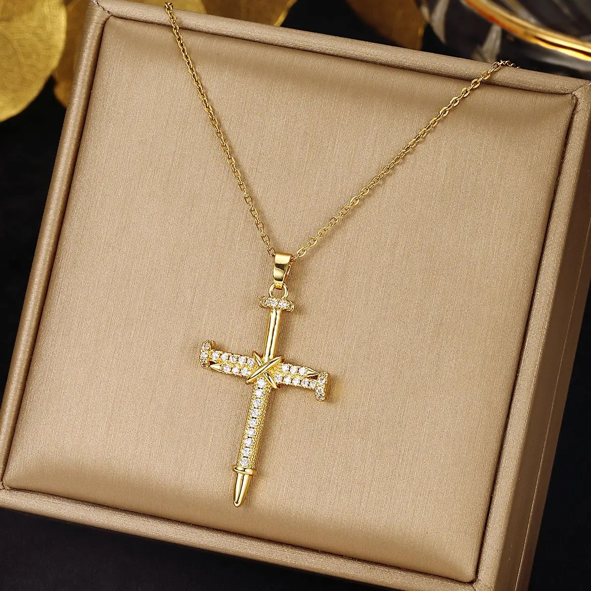 Hip hop cross necklace Micro-inset zircon personality pendant Stainless steel zircon nail pendant