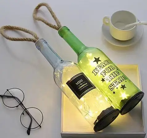 Christmas Decorative Creative Handicraft Lamp Room Decorative Round Wine Glass Light Bottles With Hanging Hemp Rope