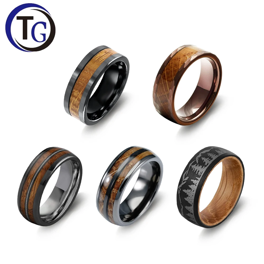 Fashion Jewelry 4M 6M 8mm Forest Landscape Engraved Whiskey Barrel Wood Inlay Black Opal Wedding Tungsten Ring Gift for Men