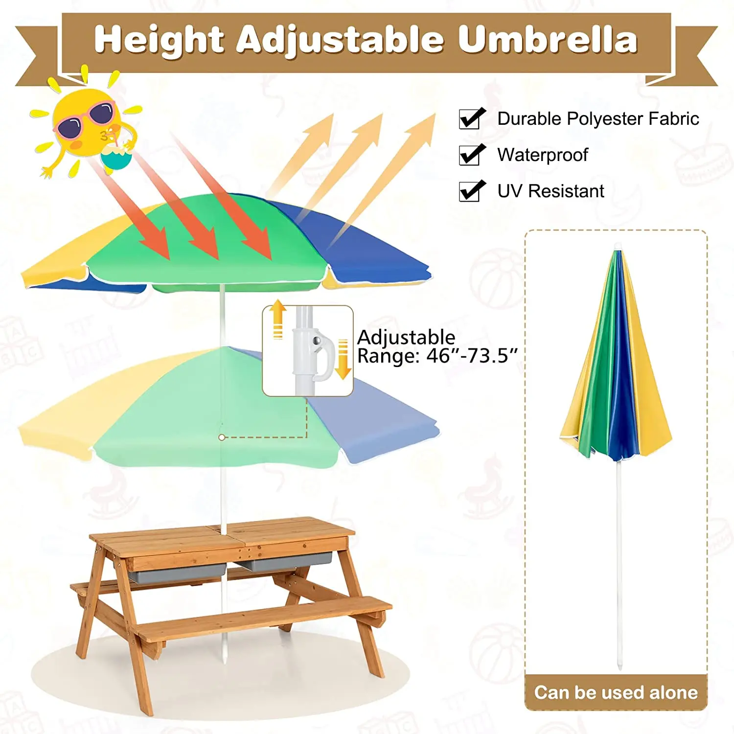 Kids Picnic Table Height Adjustable Umbrella, Removable Tabletop Children Outdoor Toy Play set Wooden Convertible Activity Table