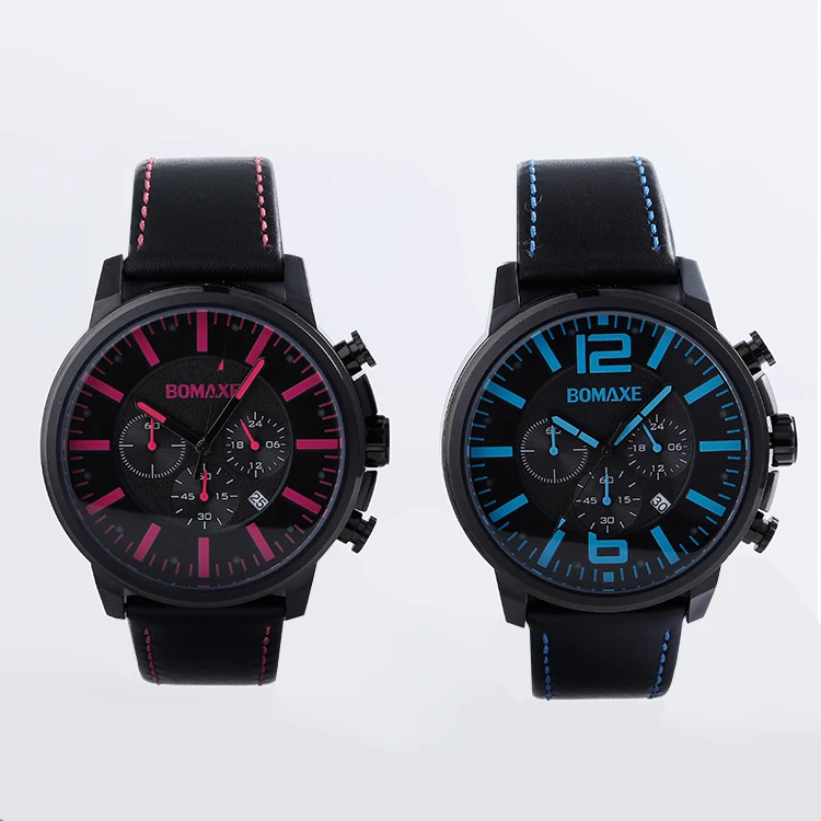 Japan Movement Luminous Three eyes Sapphire Glass 5ATM Water Resistant Genuine Leather Strap Black Men Wrist