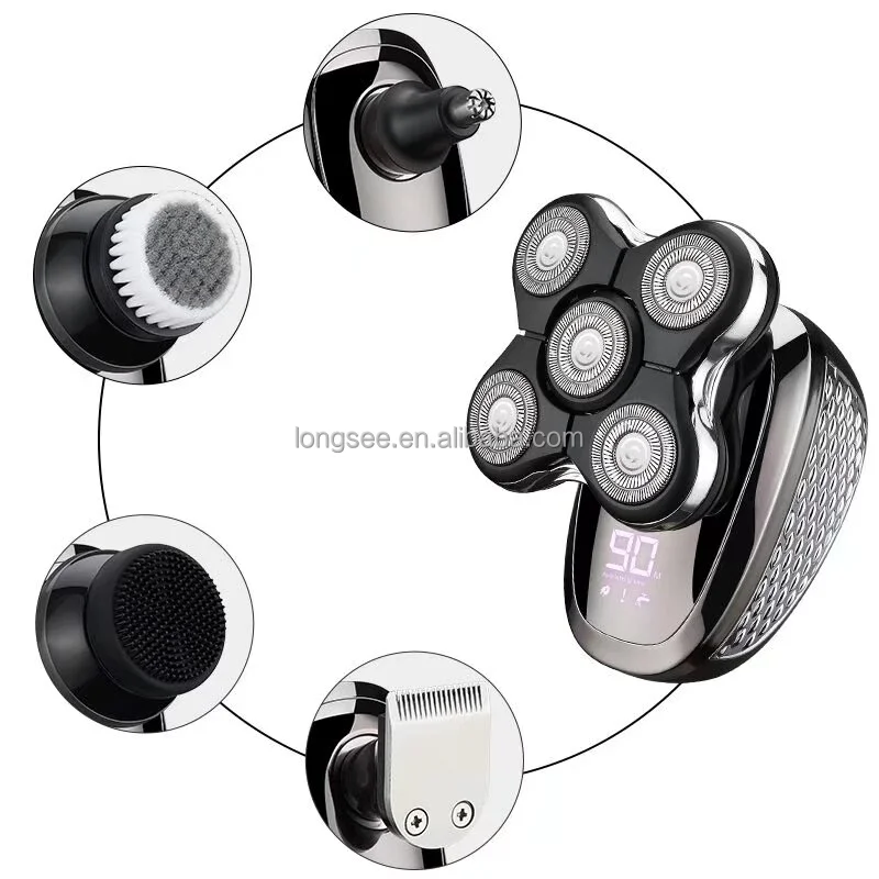 5-in-1 rotary electric razor 4D rechargeable trimmer electric razor for wet&dry bald head shaver flex blades for a close shave