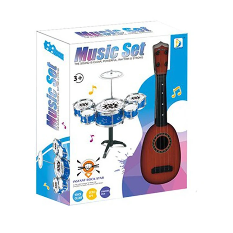 Kids percussion instrument toy plastic simulation electroplate jazz drum set with guitar