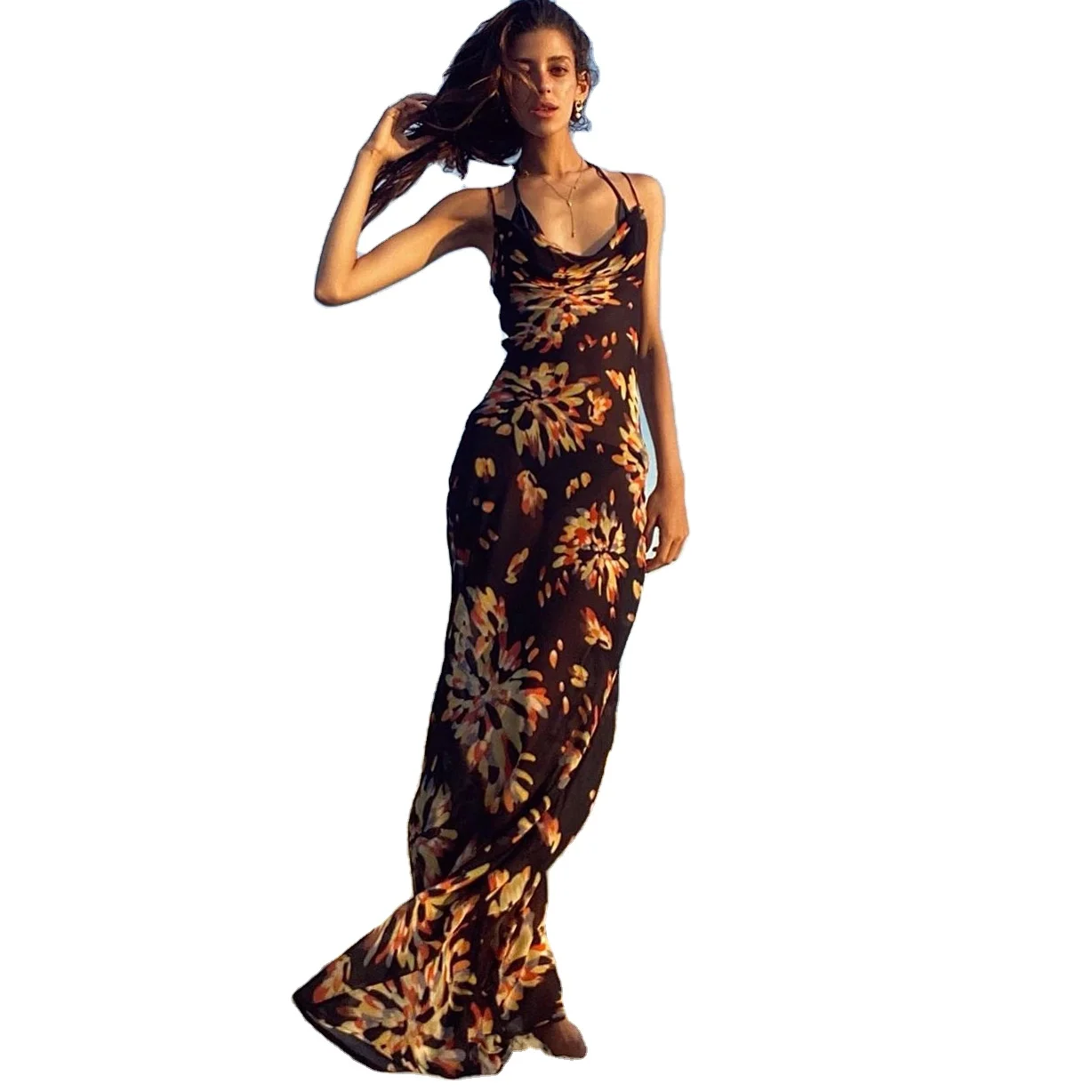 Женское платье в европейском и американском стиле, откровенное летнее платье с принтом, воротником-стойкой и открытой спиной, платье для женщин, 2020