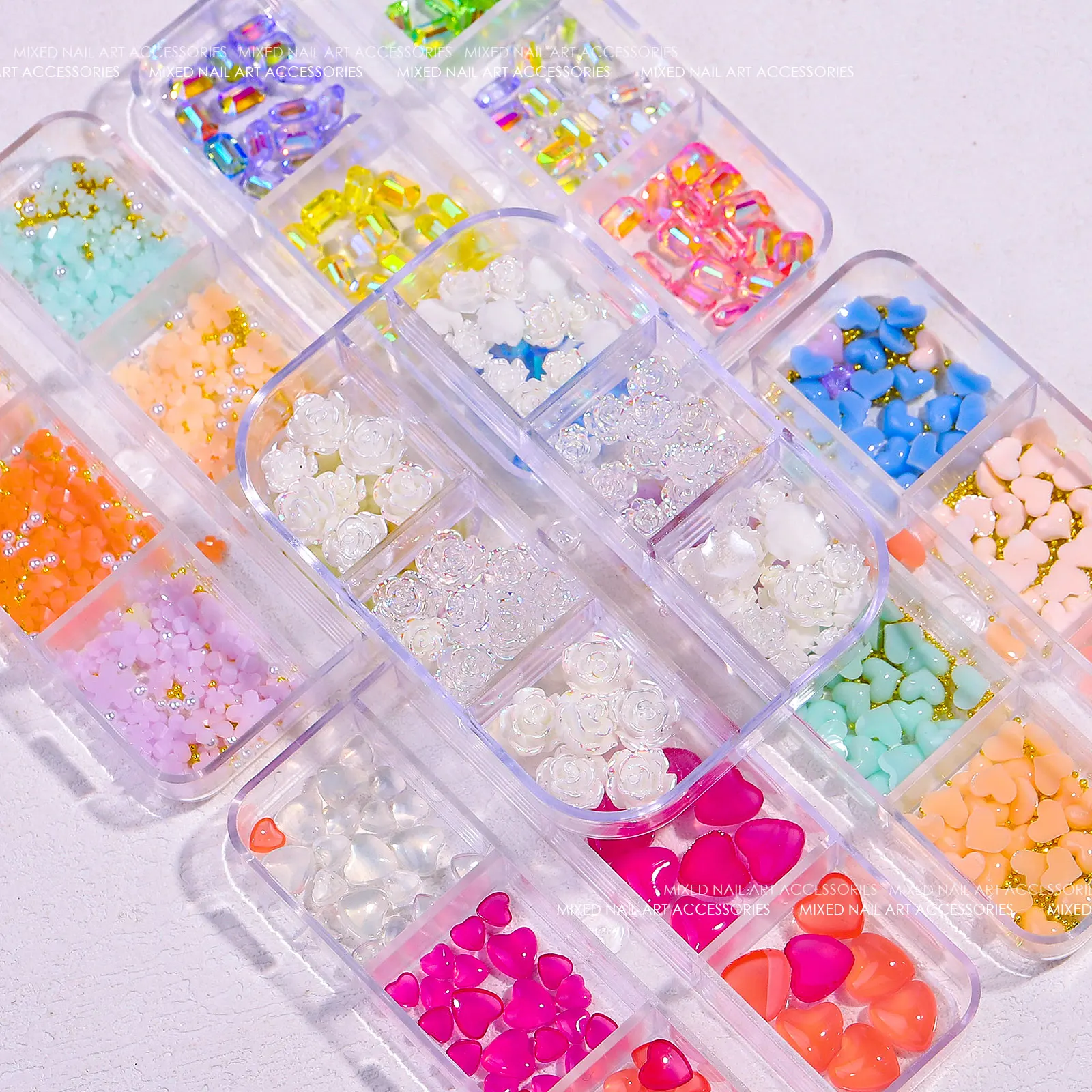 2022 New Magic Light Changing Small Flowers Resin Nail Art Decoration Box Mixed 3D Camellia Flower Bow Heart Nail jewelry