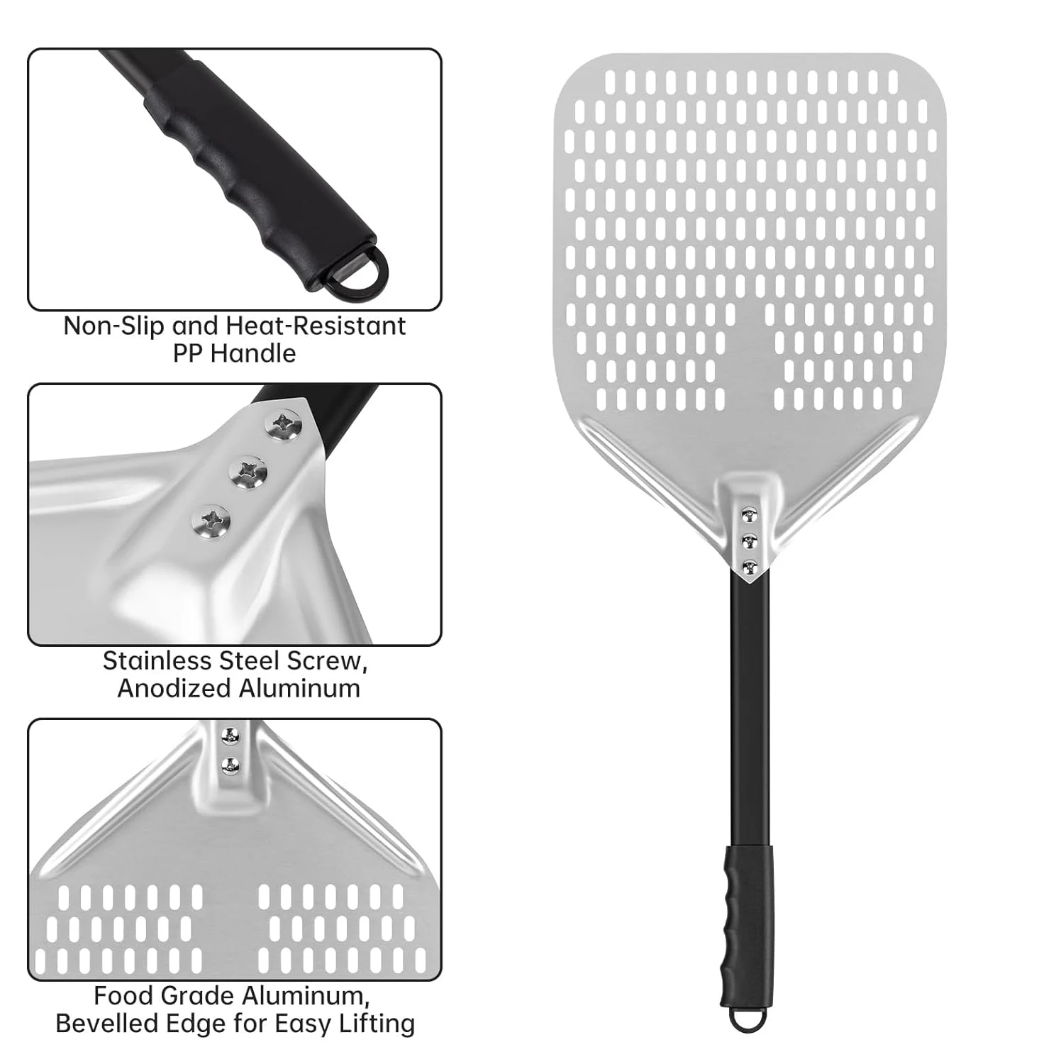 Factory Direct Aluminum Black Pizza Paddle 12 14 Inch Long Handle Sliding Pizza Peel For Restaurant