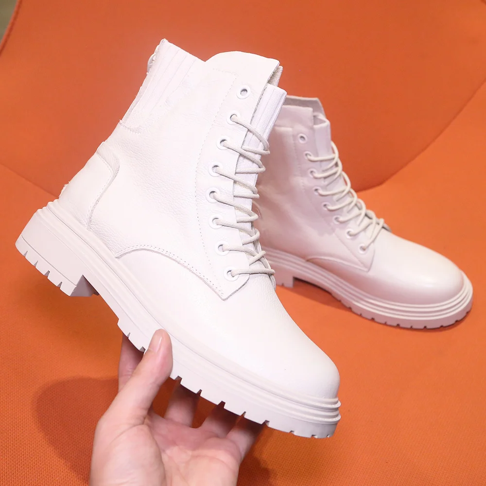 
2021 latest fashion trend white black color genuien leather ankle height classy women waterproof boots 