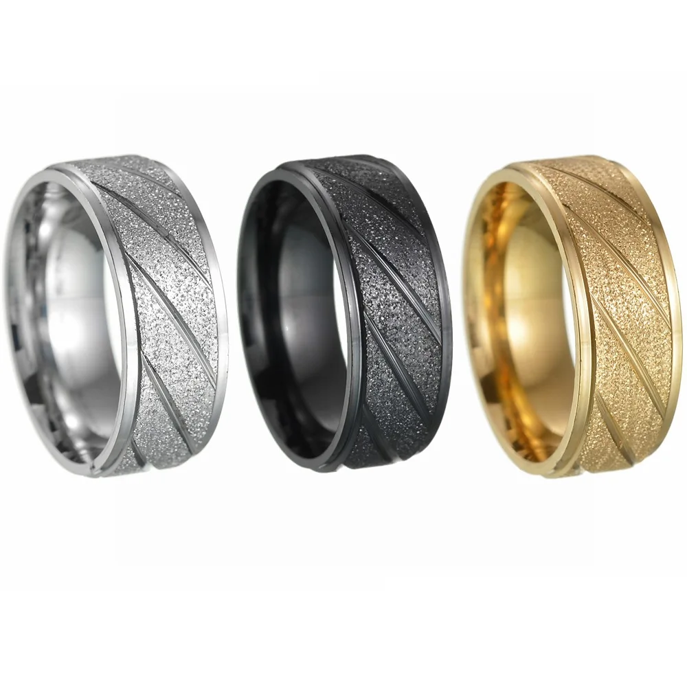 Fashion 8mm Twill Matte Surface Men Rings simple design cheap striped Stainless Steel Twill Scrub Rings For Men Women
