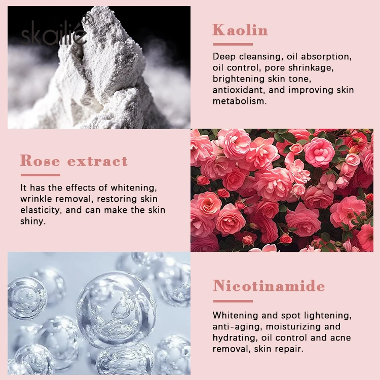 Custom Organic Skin Care Facial Deep Cleansing Nourishing Brighten Kaolin Rose Pink Clay Mask