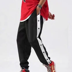 2021 Mid Waist Panel Jogger Basketball Pants Full Length Black Stripe Split Mens Street Hip Hop Side Buttons Close Sweatpants