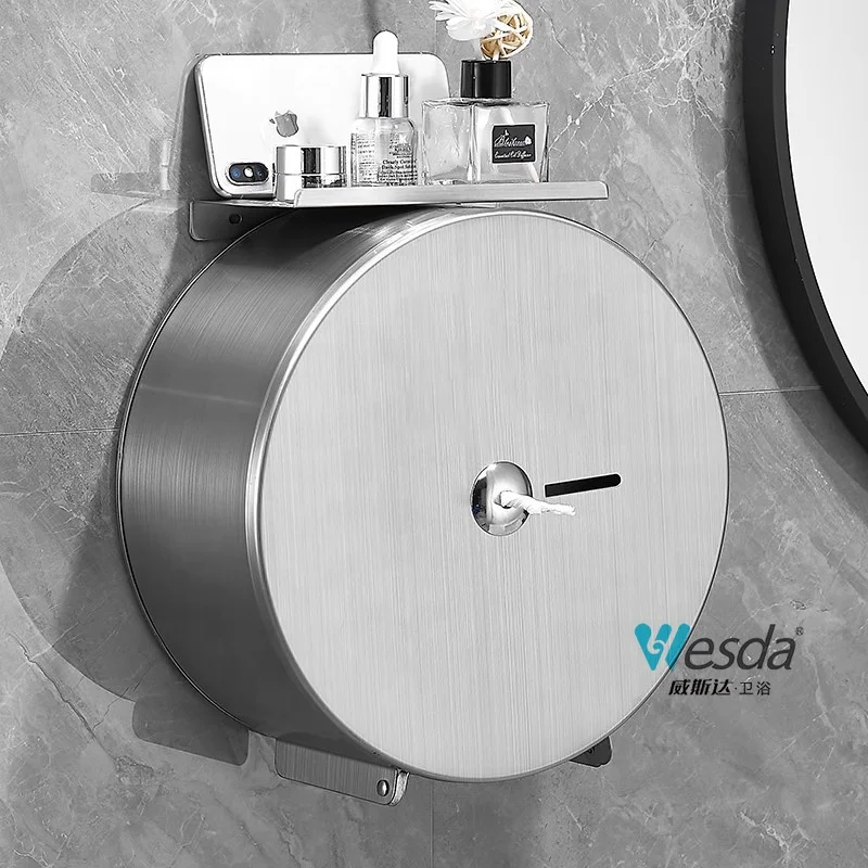 WESDA Public Bathroom Lockable Wall Mount Stainless Steel Roll Tissue Holder Commercial Jumbo Toilet Paper Dispenser with Shelf