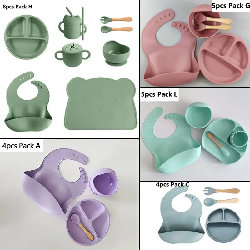 Bpa Free Weaning Feed Set Bib Plate Silicone Tableware Baby Products Bowl And Spoon Kid Dining Eating Silicone Baby Feeding Set