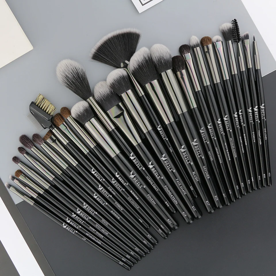 BEILI Black Shiny Wood Handle Pony Goat Synthetic Hair 40Pcs Makeup Brushes Set Concealer Blush Brush Private Label Brochas