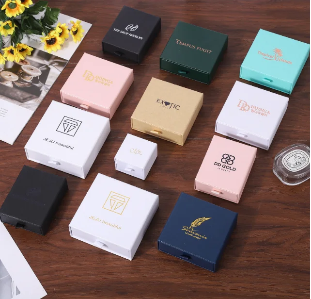 Luxury Custom Logo Paper Jewelry Box Packaging For Ring Earring Necklace Bracelet Jewellery Gift Box Drawer Pink Print Cardboard