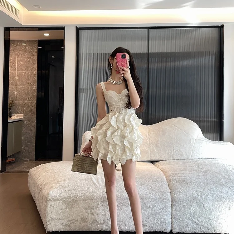 2024 french women super beautiful white dress with straps women high-end ruffled fabric birthday dress