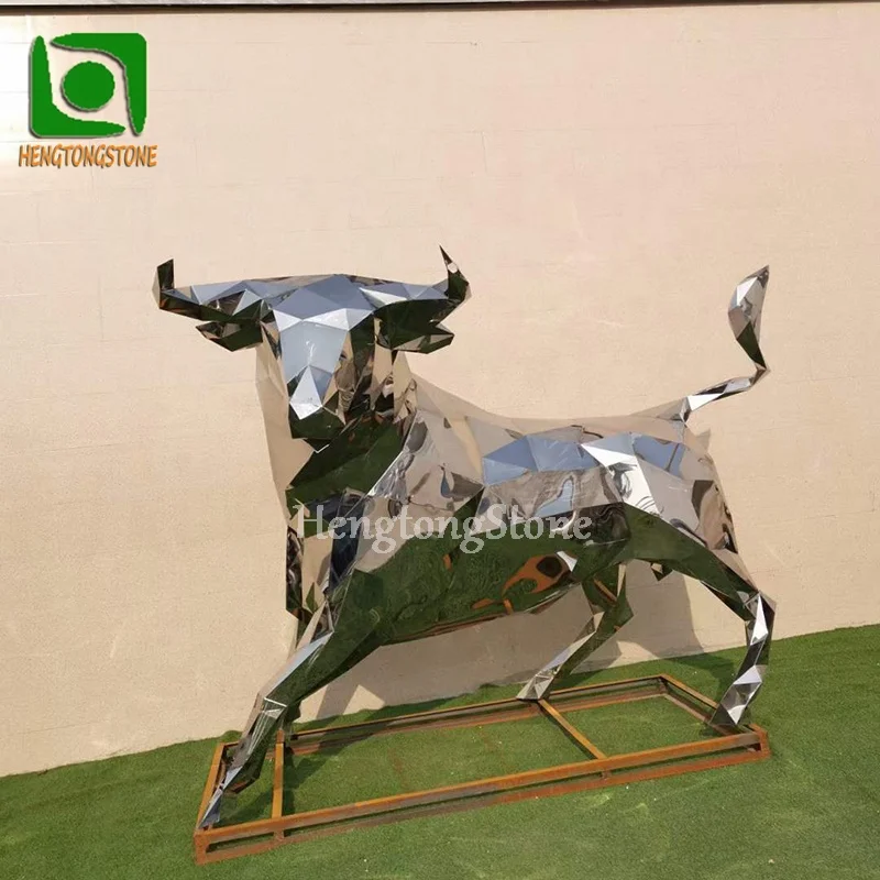 Outdoor Decorative Stainless Steel Mirror Polished Cow Sculpture Metal Animal Statue