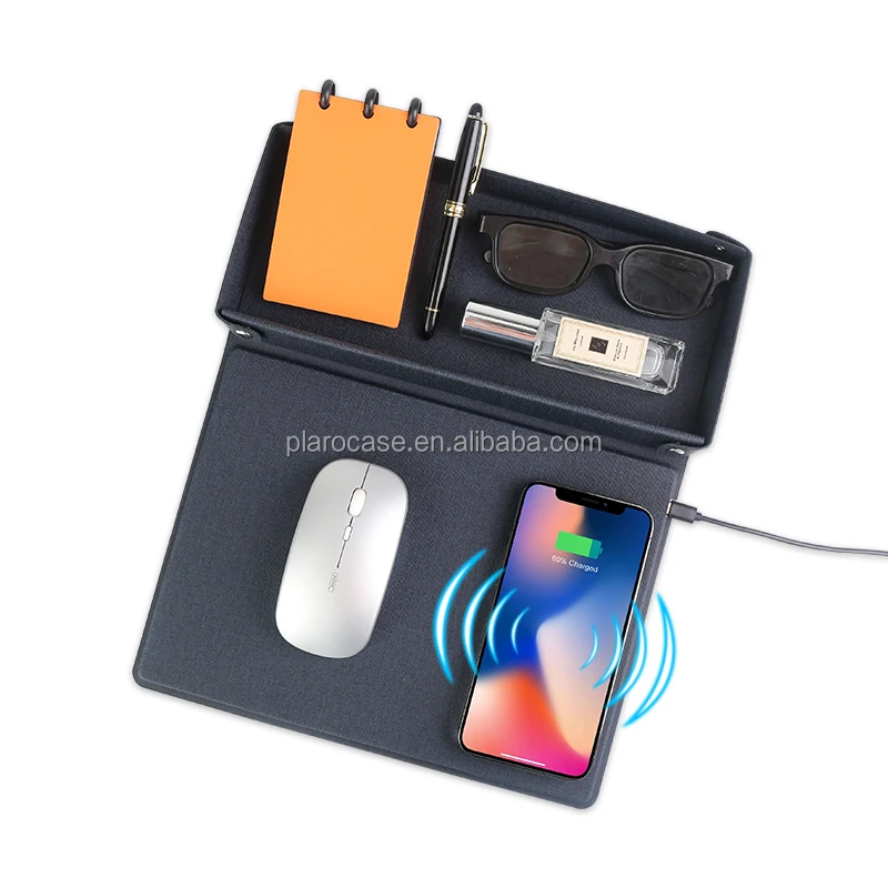 Custom LED Logo PU Leather Wireless Charging Mouse Pad with Stationery Compartment