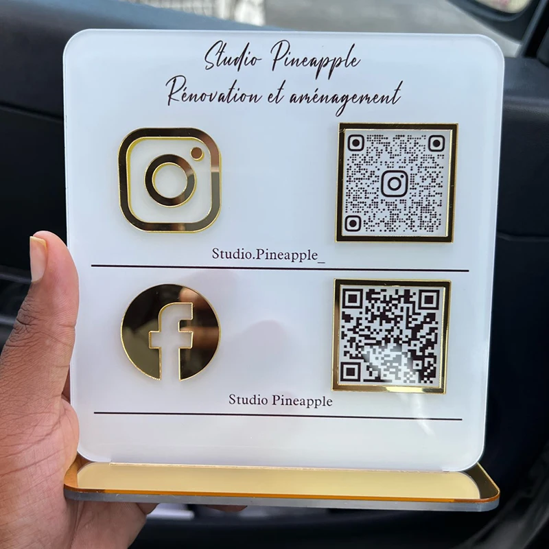 Customize Tabletop Acrylic Facebook Ins Plaque Gold Qr Code Beauty Sign Business Social Media Sign With Stand