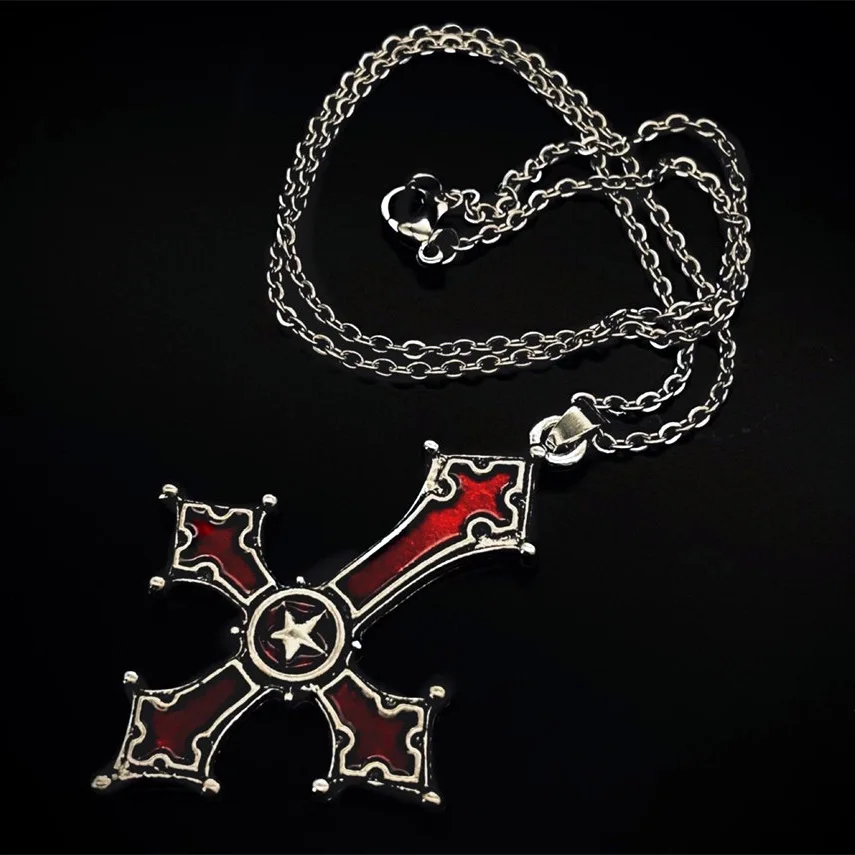 European and American Blood red Gothic inverted cross pendant necklace retro punk style cross charm necklace