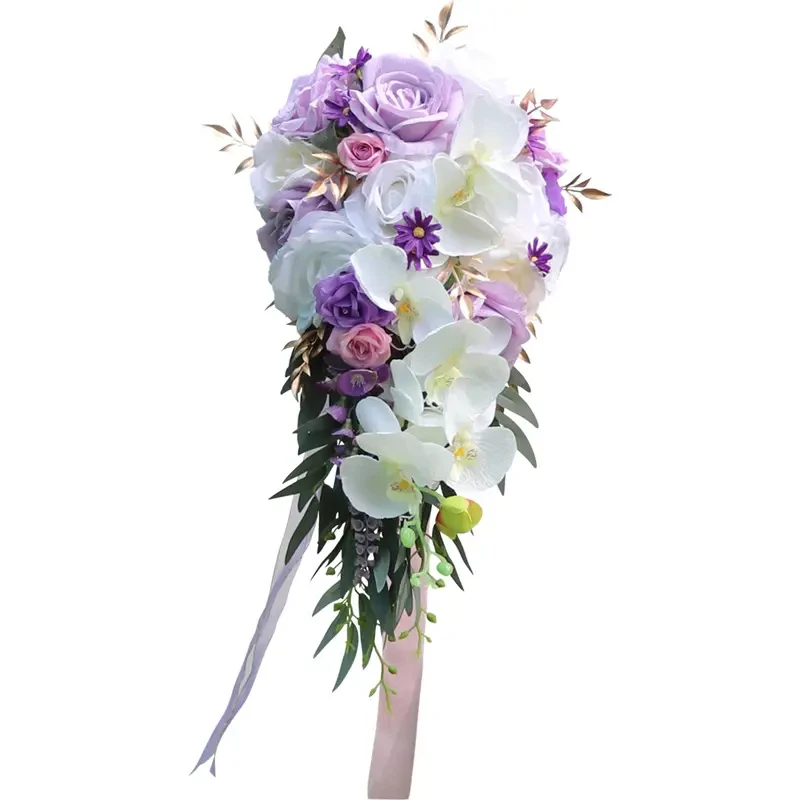 SPH029 Custom Forest Style Artificial Wedding White Purple Water Drops Holding Flowers Wedding Bride Holding Bridal Bouquet