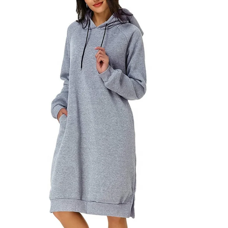 Wholesale Long Sleeve Hooded Pocket Tunic Dress Pullover Hoodie Dress Winter Sweatshirt Women Long Sleeve Solid Color Maxi Dress