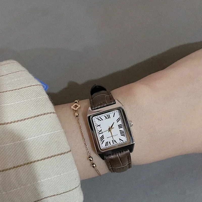 Vintage Rectangle Square Ladies Leather Wrist Quartz Watch
