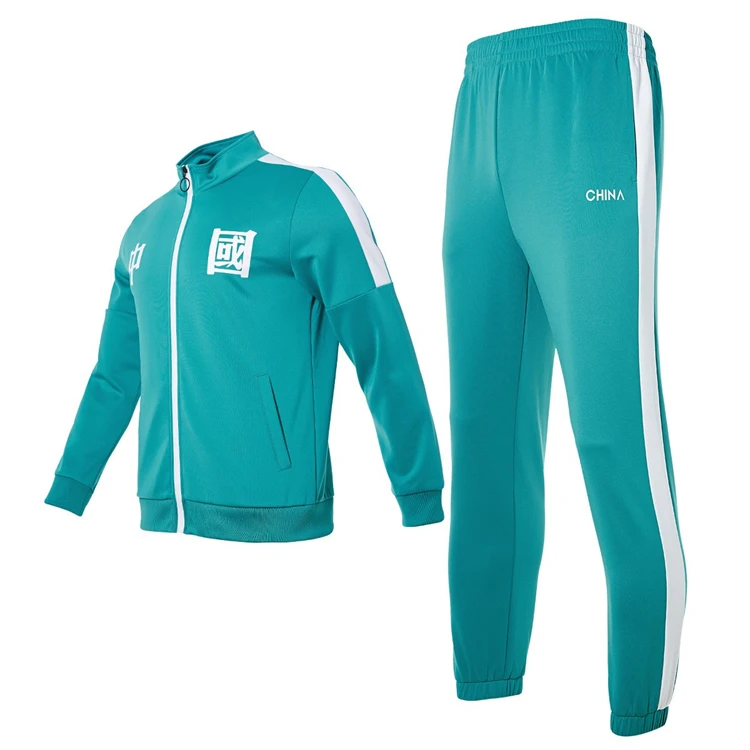 Wholesale man sports jackets couple cardigan green zipper stand collar sweatshirt sweatpants with drawstring 2 piece sets