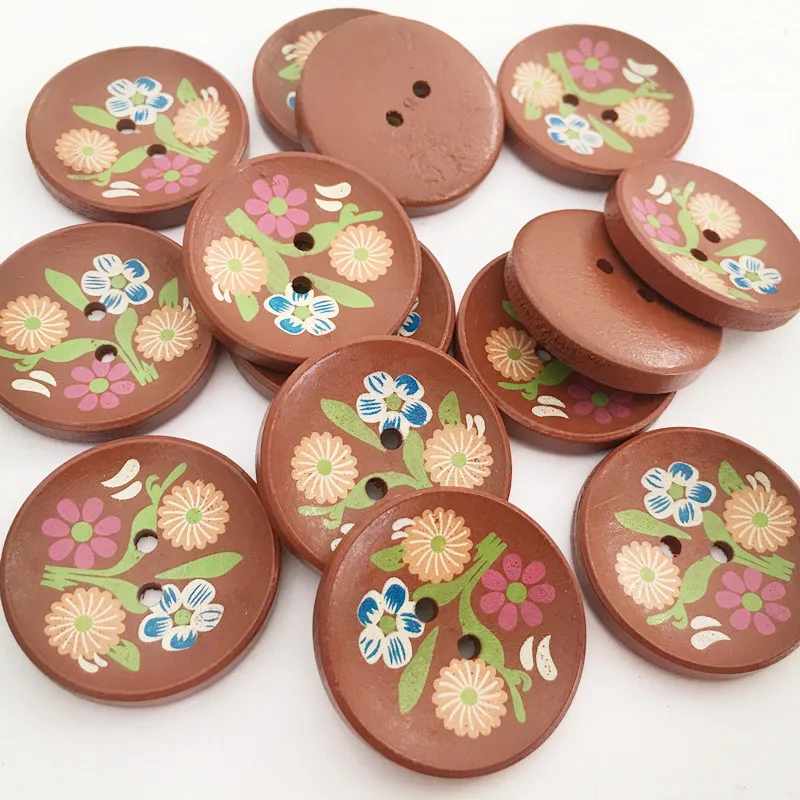 Hot-sale two holes button painted round  flower row wood button large coat buckle wooden crafts fashion button