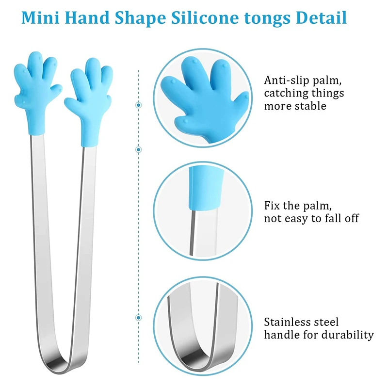 Non-slip Palm Shape Mini Cute Silicone Ice Food Serving Tongs Stainless Steel Ice Cube Tongs